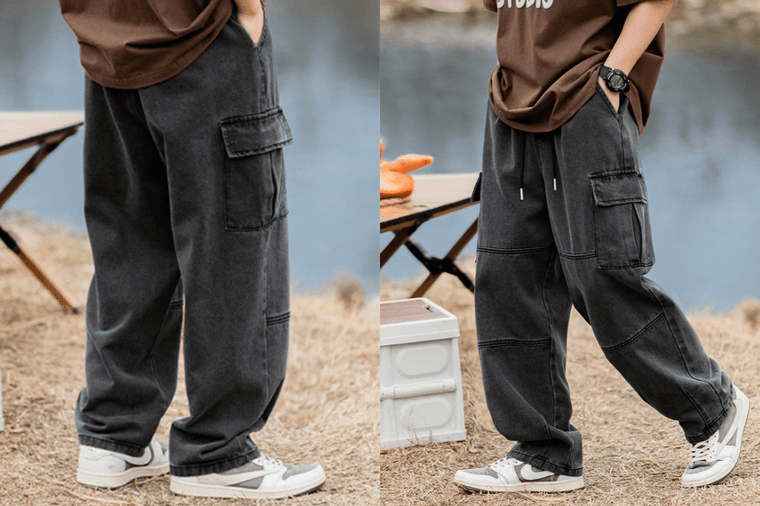 Harajuku Retro Jeans  Mens Hip Hop Straight Tube Loose Trousers Casual Mid Rise Waist Plus Size Denim Pants for Man in trendy Black Gray grey