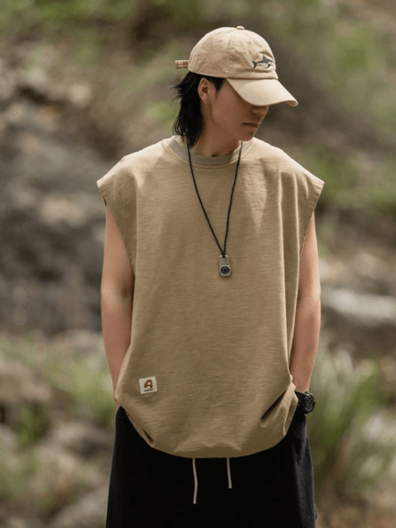 Loose MiteigiYūki Sports Tank Top  Men's Summer 230G Cotton Fitness Muscle Loose Crewneck Round O-Neck Sleeveless Sport Fashion Vest Clothing Plus Size Fit Vests Tops for Man in trendy Khaki brown