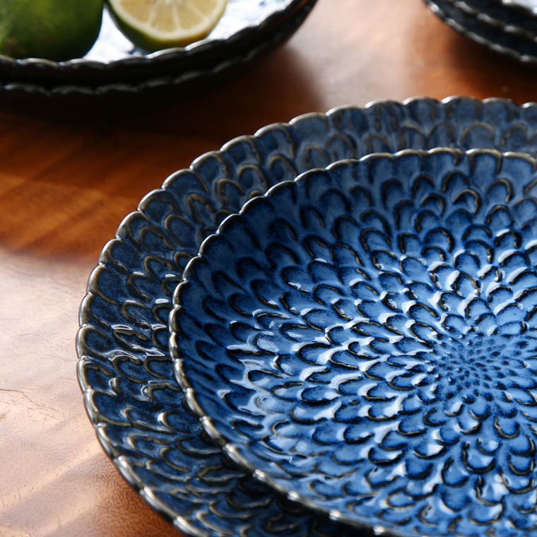 Textured Ceramic Dinnerware 12/24 Set    12/24 Piece Stoneware Chrys Combination Sets Service for 6/12 Person in trendy Blue