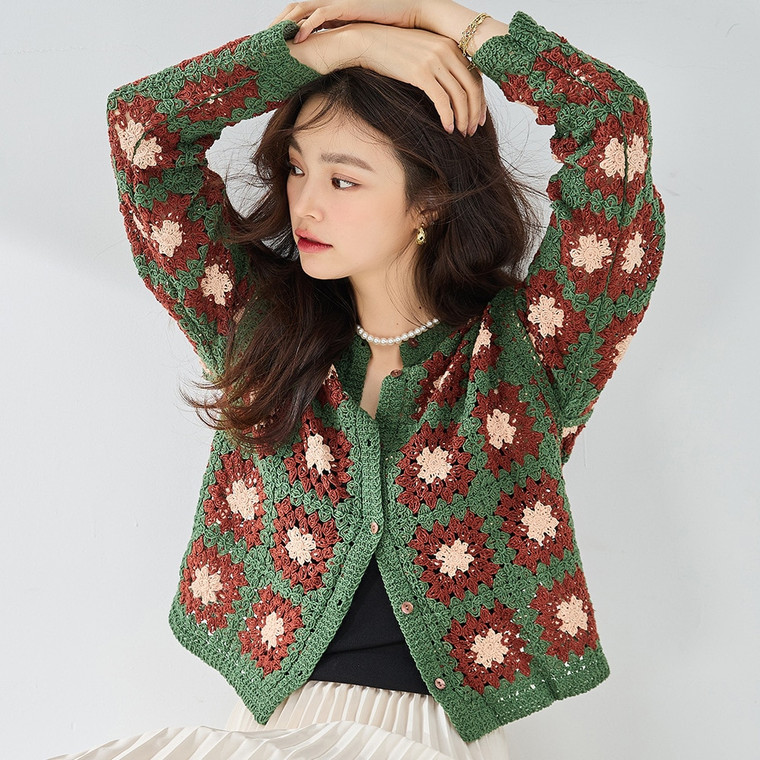 Crochet Cardigan  Women’s Vintage Hollow-out Handmade Autumn Fall Floral Knitted Cardigans Sweaters for Woman in Trend styled Green