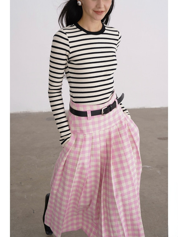 Plaid Pleated Midi Skirt   Women‘s A-line Elegant Pink Vintage Korean Fashion Preppy Skirts for trendy Woman