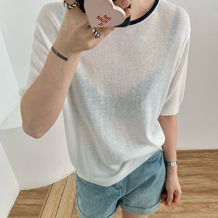 Thin Boatneck Top   Women’s Summer Linen Knitting Half Sleeve Blouse Fashion Round Neck Contrast Color Semi Sheer Casual Lady Tops Tees Blouses for woman in White black trim