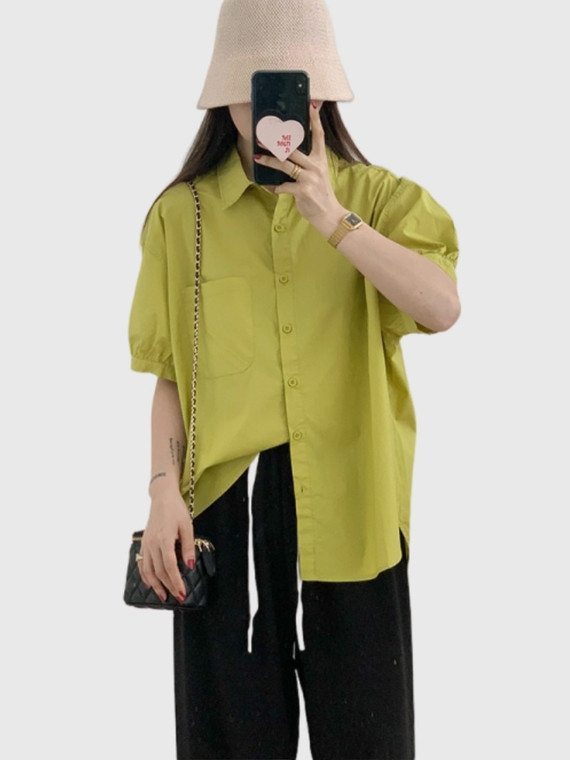 Oversized Cotton Shirt    Women’s Short Sleeve 100% Linen Blouse Summer Female Pure Loose Casual Top Front Short Back Long Shirts for Woman in trendy Yellow green