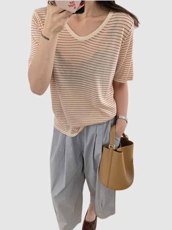 Short Sleeve V-neck Top   Women’s Striped See-through Blouse Thin Knitting T Shirt Summer Great Quality Semi Sheer Stripe Casual Cropped T-Shirts Tee Blouses Tops for Woman in trendy stripe Orange