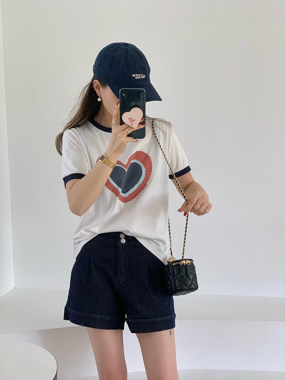 Cotton-Linen T-Shirt  Women’s Summer Short Sleeve Casual Round O-neck crewneck Top Fashion Contrast Color Heart Print Basic Tees T-Shirts Tops For Young Lady Woman in trend styled White