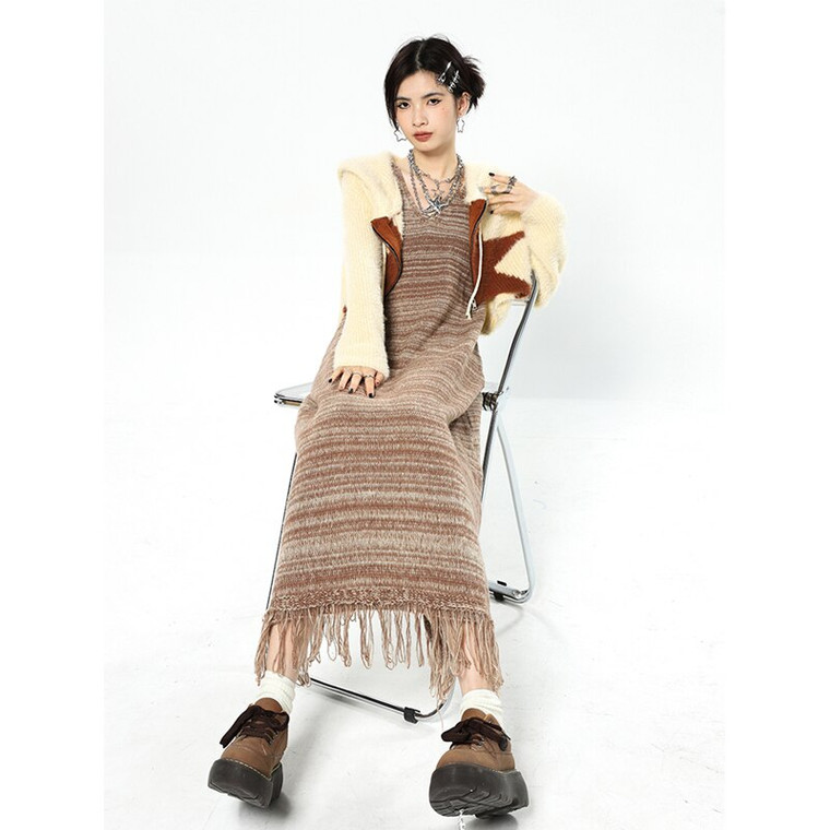 Stripe Knit Dress Women’s Knitting Spring Sexy Long Suspender Skirt Advanced Sense Fashion Streetwear V-neck Female Dresses for Woman in Khaki brown