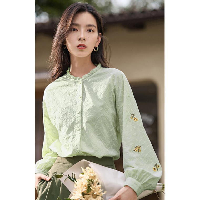 Embroidery Ruffled Shirt  Women’s Spring Floral Embroidered Ruffles Fashion Leisure Female Long Sleeve Chic Comfortable Casual Blouse Tops Plus size Shirts for Woman in Green