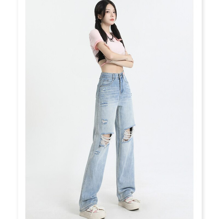 Wide Leg High-Rise Jeans Women’s Worn-out High Rise Waist American Streetwear Wide Leg Pants Fashion Vintage Straight Summer Female Ripped Holed Trousers for Petite Plus size Woman in trendy styled  Blue