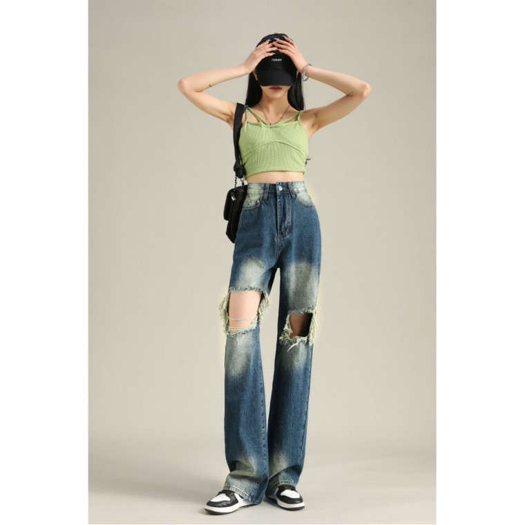 High-Rise Americana Jeans  Women’s High Rise Waist Worn-out American Fashion Y2K Streetwear Wide Leg Trouser Straight Baggy Denim Pants for Petite Plus size trendy Woman in Blue