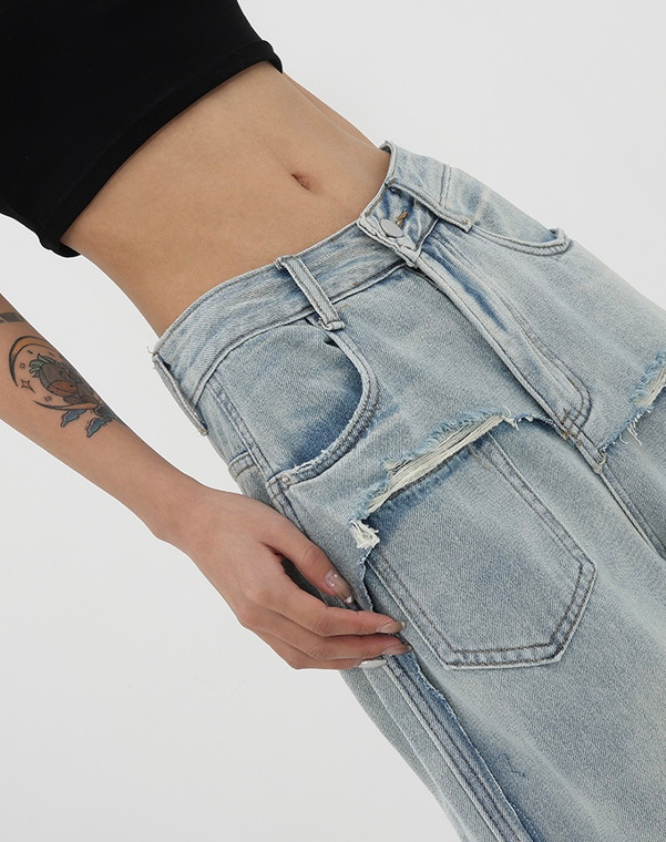 Distressed High-Rise Jeans   Women’s High Rise Waist Worn-Out Vintage Straight Baggy Denim Pants Streetwear American Fashion Wide Leg Petite Plus Size Trousers for trendy Woman in Light Blue