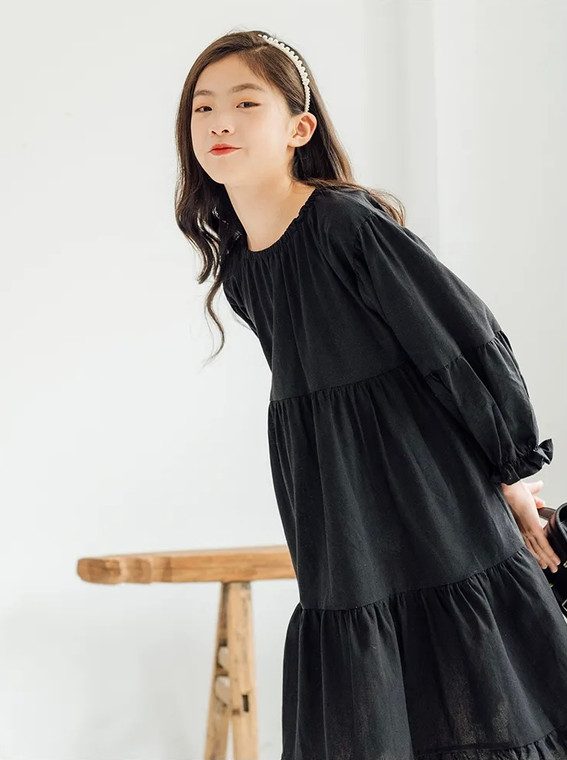 Ruffles Dress  Spring Girls Long Sleeve Black Princess Dresses for Girl Loose Casual trendy Student Teenage Kids Clothes