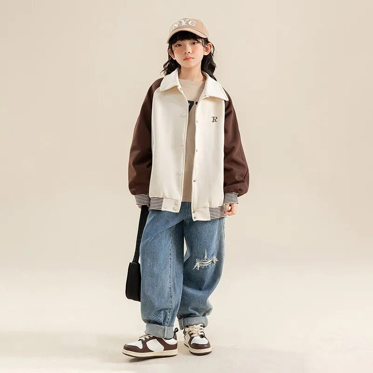 Sportswear Baseball Jacket  Girls Spring Autumn Uniform Casual All-match Kids Outerwear Patchwork Children Coats Girl Jackets in trendy Beige Brown