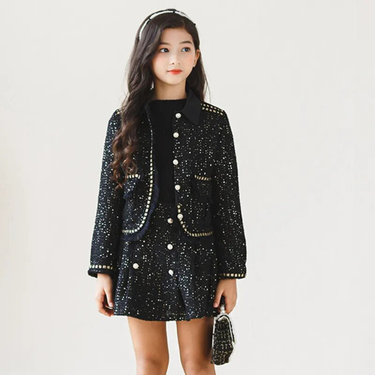 Skirt Suit Girls Outfits Autumn Winter Fashion Princess Blazer Coat Skirts Two Pieces Teen Kids Teens Child’s Clothing Sets Sequins Thick Warm trendy Children’s Suits in Black