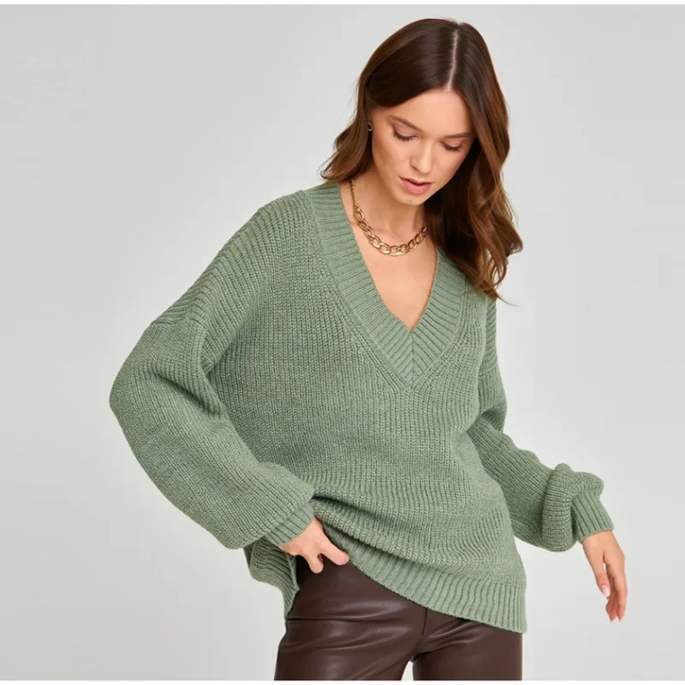 Shaker-Stitch Mohair Oversize Sweater  Women's V-Neck Pullover Autumn Winter V Neck Thick Warm Sweaters Loose Sweaters for trendy Woman in Green