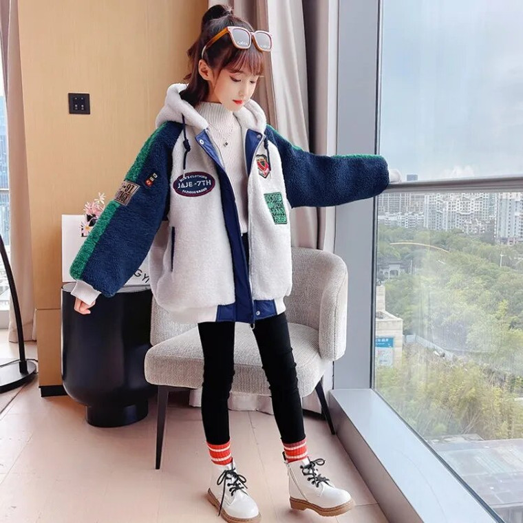 Wool Hooded Jacket  Autumn Winter Girl Coat Zip Warm Fur Thicken Clothing Kids Teenage Fashion Hood Lamb Woolen Plush Teens Jackets Outerwear Coats for Girls in Navy Blue white