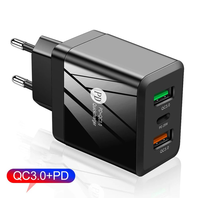 45W Fast USB Charger  Dual USB Quick Charge 3.0 Type C PD 25W Fast Charging For iPhone Xiaomi Samsung Huawei Wall Chargers Travel Adapters in black
