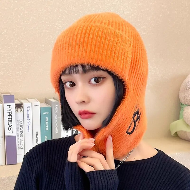 Bomber Hats  Women’s Winter Warm Winter Aviator Trooper Ribbed Velvet Warm Ear Protection Beanies Earflap Caps Headwear for Woman in Orange