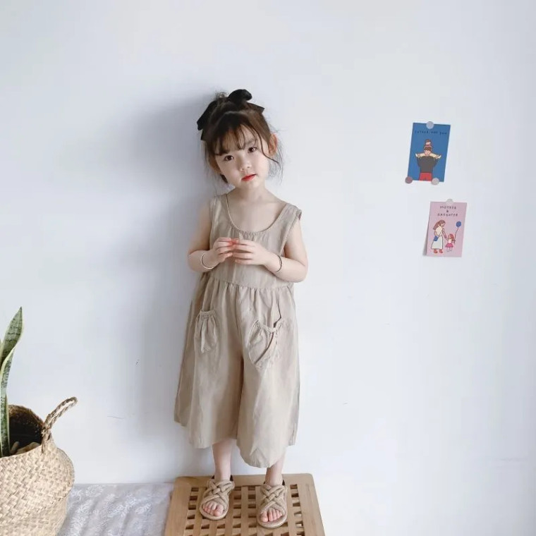 Kids Scoopneck Romper  Children’s 1-6Y Loose Jumpsuits Cotton Toddler Summer Clothing for Girls Sleeveless Suspender Pants Toddlers Overalls in trendy Khaki