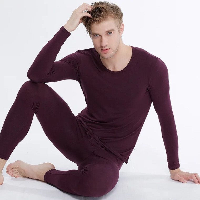 Cotton Loungewear PJ Set  Men’s Lycra Fabric Winter PJs Sleepwear Pajamas Clothes Mens Underwear Pants Suit Men Warm Thermal Long Johns Pajama Sleep Wear for trendy Man in Jujube Wine Red