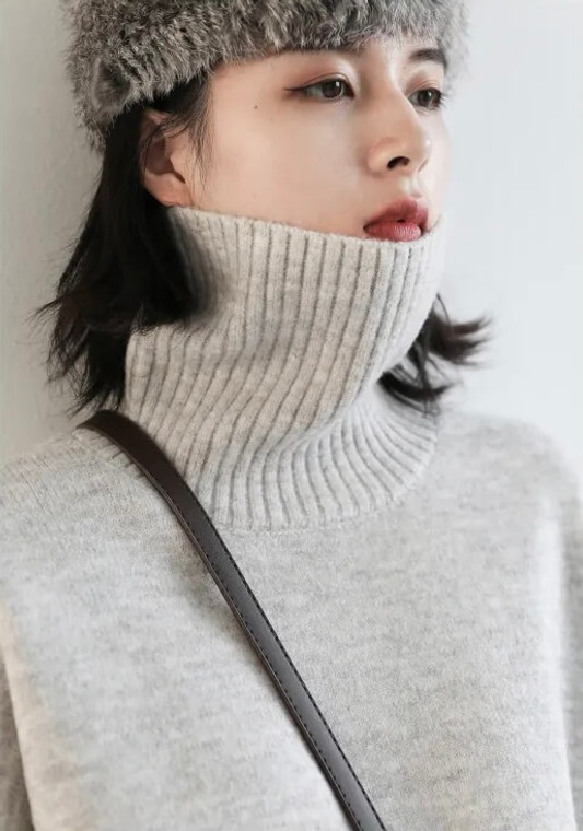 Loose Turtleneck Sweater Korean Women's Warm Solid Pullover Knitwear Basic Female Tops Plus size Autumn Winter Sweaters for trendy Woman in Light Gray grey