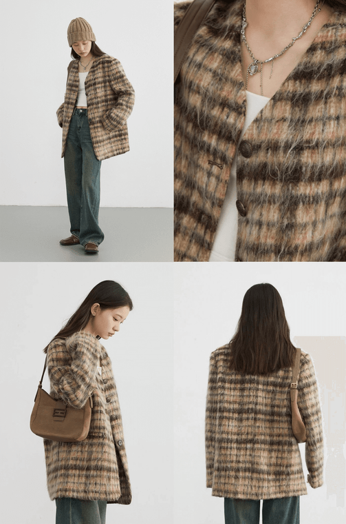 V-Cut Wool Jacket  Women's Coat Retro Long Blends Striped Woolen Outerwear Womens Office Lady Clothing Female Top Autumn Spring Jackets for trendy Woman in Coffee brown stripes
