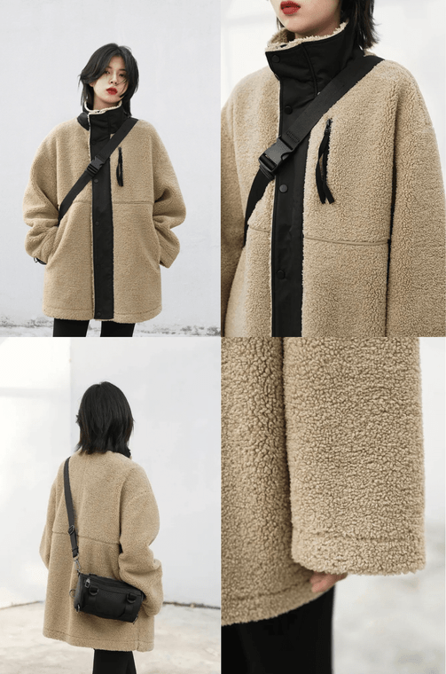 Vegan Sherpa Coat  Women’s Windbreaker Jacket Thicken Warm Casual Lamb Faux Fur womens Overcoat Loose Stand Turn-down collar Outerwear Female Lady Plus size Autumn Winter Coats for Woman in Light Coffee brown