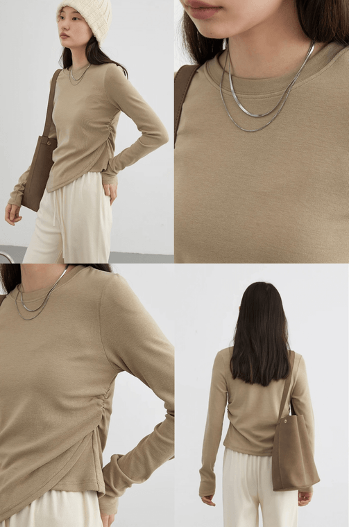 Crewneck T-Shirt khaki Women’s Solid Round O-Neck Female Tees Casual Side Fold Long Sleeve Basic Indie Tops Autumn Spring T-Shirts for Woman in light brown