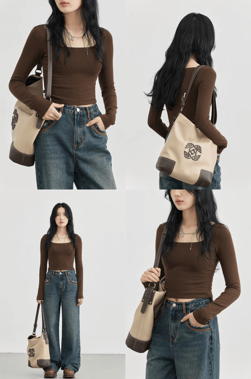 Square-Neck T-Shirt brown   Basic Women’s Bottom Tees Knitted V-neck Shirt Long Sleeve Womens Tops Autumn Spring Clothing T-Shirts for Woman