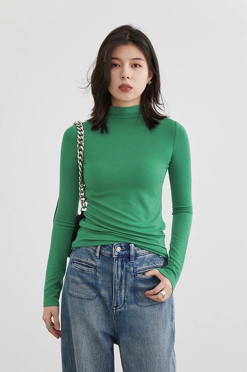 Mockneck T-Shirt green  Women's Multi Color Tees Base Shirt Slim Fit Female Tops Office Ladies Clothing Spring Autumn T-Shirts for trendy Woman