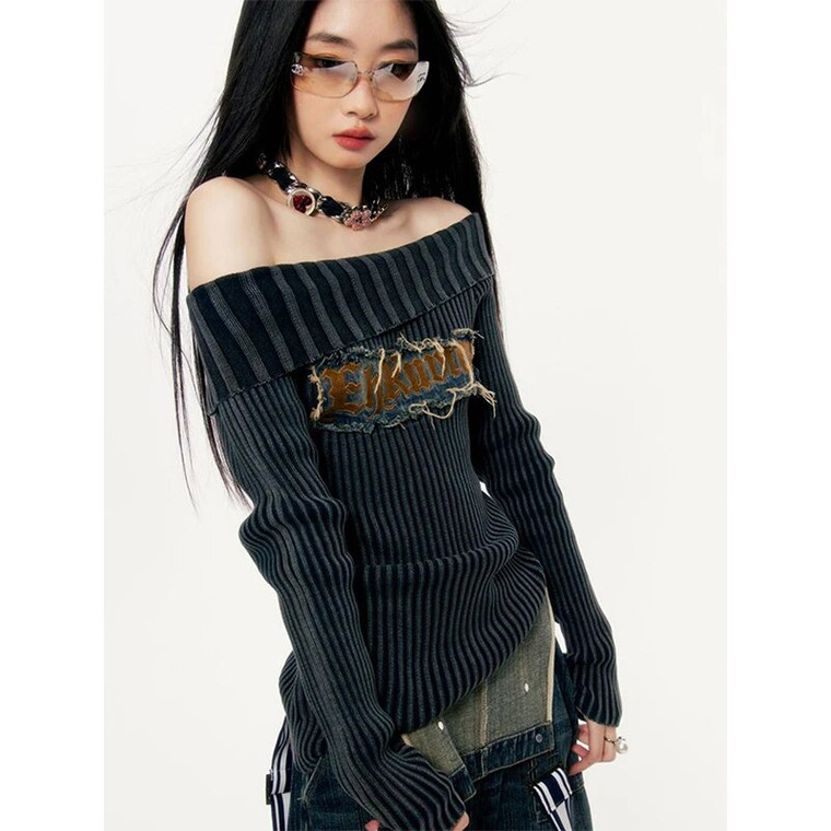 Slash-Neck Sweater Women’s Y2K Vintage Letter Embroidery Jumpers Harajuku Streetwear Gothic Knitted Off Shoulder Slim Pullovers Plus size Ribbed Sweaters for trendy Woman in black