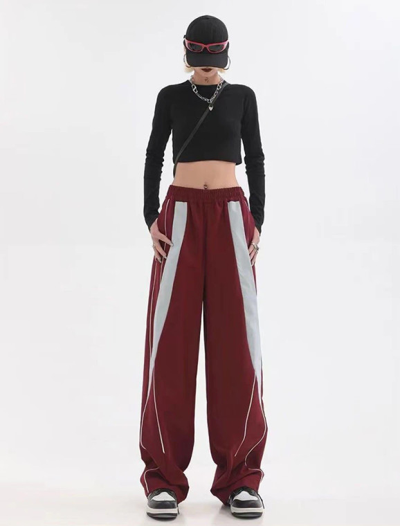 Striped Sweatpants  Women’s Y2K Joggers Womens Streetwear Patchwork Wide Leg Cargo Pants Harajuku Hip Hop Oversized Casual Sports Fitness Plus size Trousers for trendy Woman in Burgundy red gray grey stripe