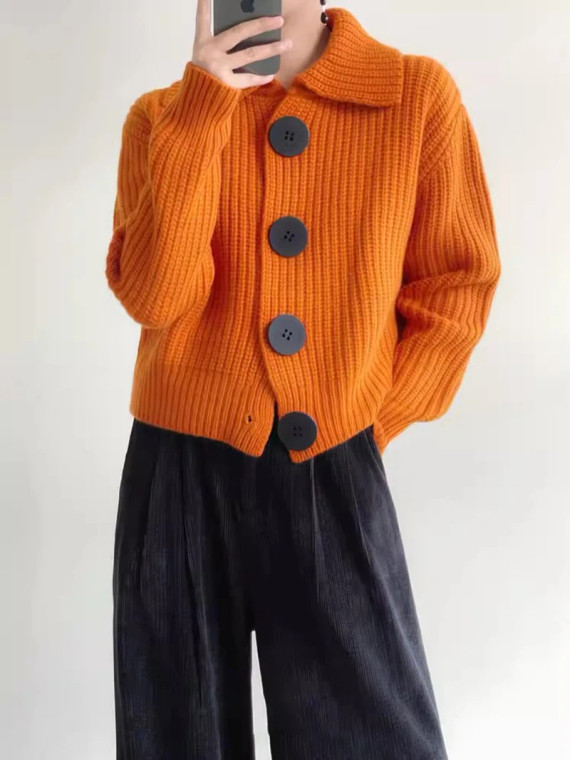 Rib Knit Cardigan Women Big Button Ribbed Knitted Sweaters Coats Korean Turn-Down Collar Chic Knitwear Casual womens Jumpers Jacket Tops Cardigans for trendy Woman in orange