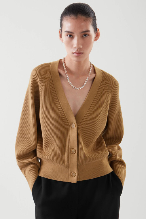 V-neck Rib Bat-sleeve Cardigan  Women’s autumn style of Casual petite size womens sweaters ribbed cardigans for trendy woman in camel tan brown color