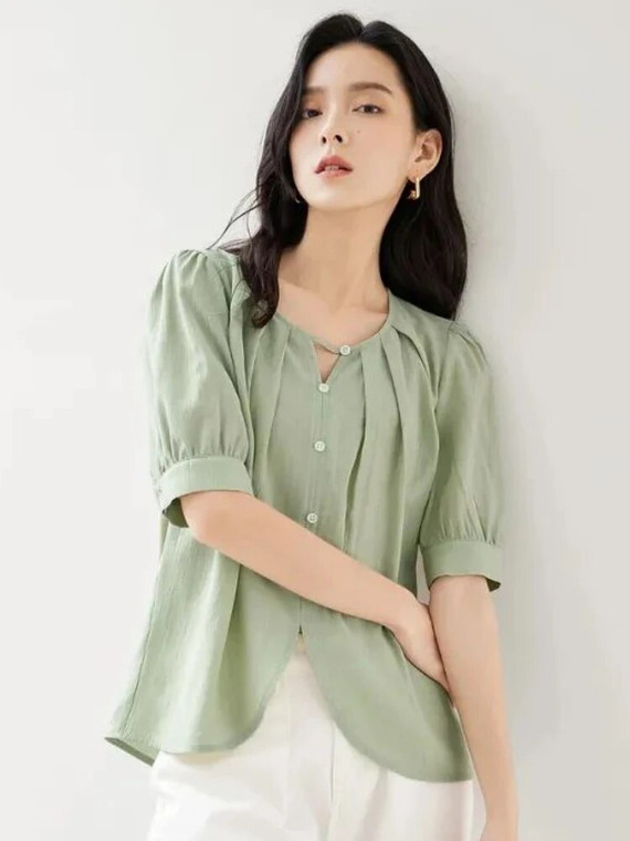 Pleated Shirt green  Women’s Loose Comfortable Folds Summer Leisure Elegant Simple Solid All-match Retro Korean Style Fit plus size womens Fashion O-neck Lady blouses single-breasted cotton Shirts for women in mint-green