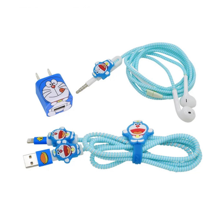 USB Cable Protector For iPhone  Cute Animal For Apple iPhone 5/6/6s/7/8 Earphone Charger Wire Holder Cable Organizer winder protection chargers in light sky blue Doraemon