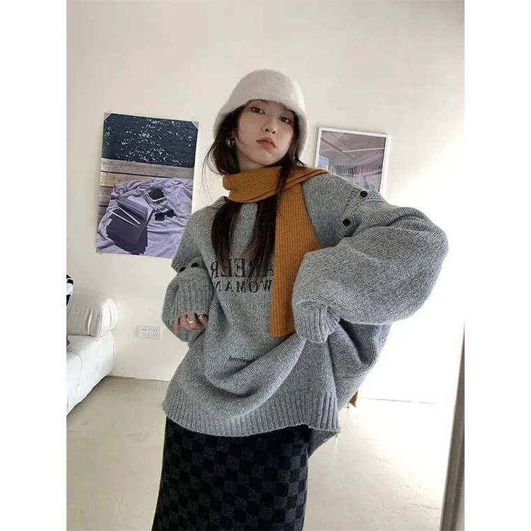 Off Shoulder Oversized Sweater Women’s Hollow Out Crewbeck Y2K Round o-neck Knitted Pullovers Harajuku Print Knitwear Korean Jumper Letter embroidery Sweaters Womens plus size Workwear Streetwear for CAREER Woman in trendy Gray grey