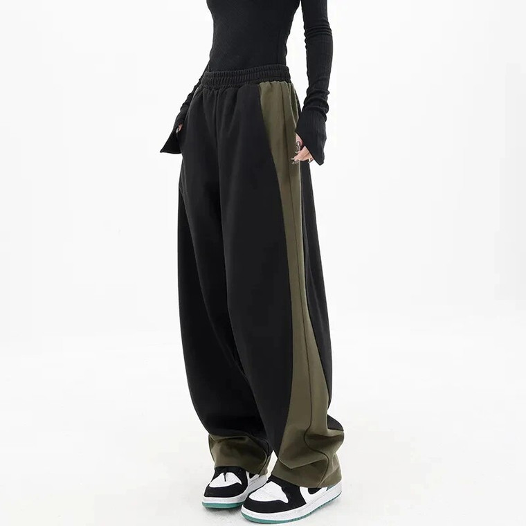 Patchwork Wide Leg Sweatpants black  Women’s Streetwear Joggers Y2K Oversized Contrast Color Casual Sports Pants Harajuku Baggy womens Fitness Plus size Activewear Trousers for trendy Woman in Green