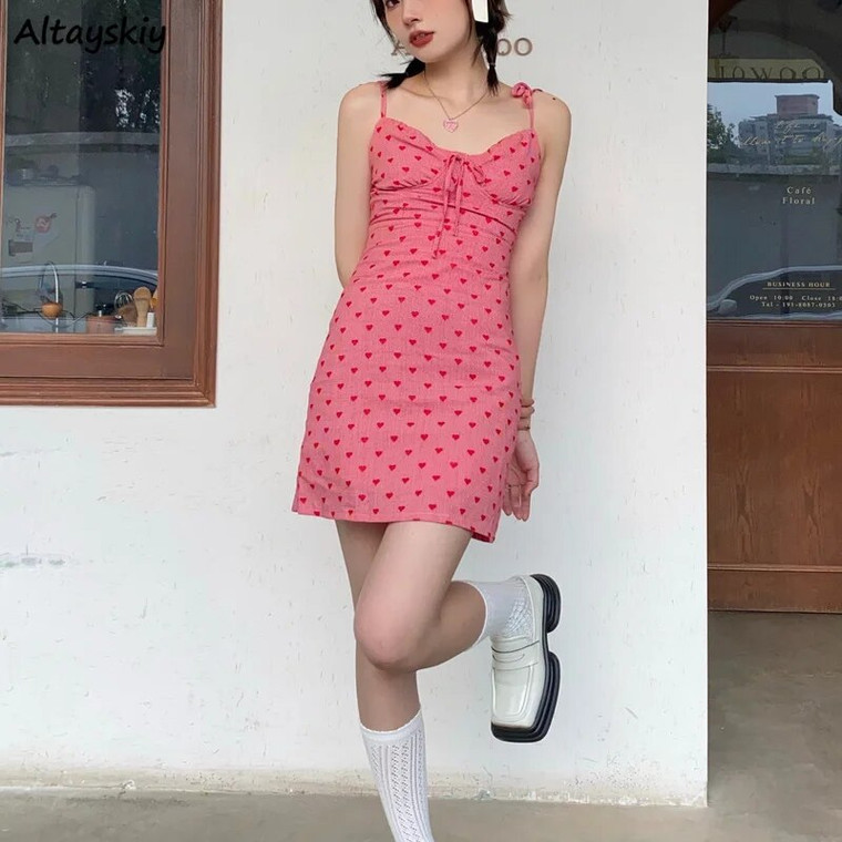 Sleeveless Sheath Midi Dress Women’s Sexy Bandage Cute Ulzzang Mini Trendy Holiday Vacation Womens Student Summer Beach Getaway Popular Leisure Ins Comfortable Spaghetti Straps Dresses for trendy Woman in love heart Pink