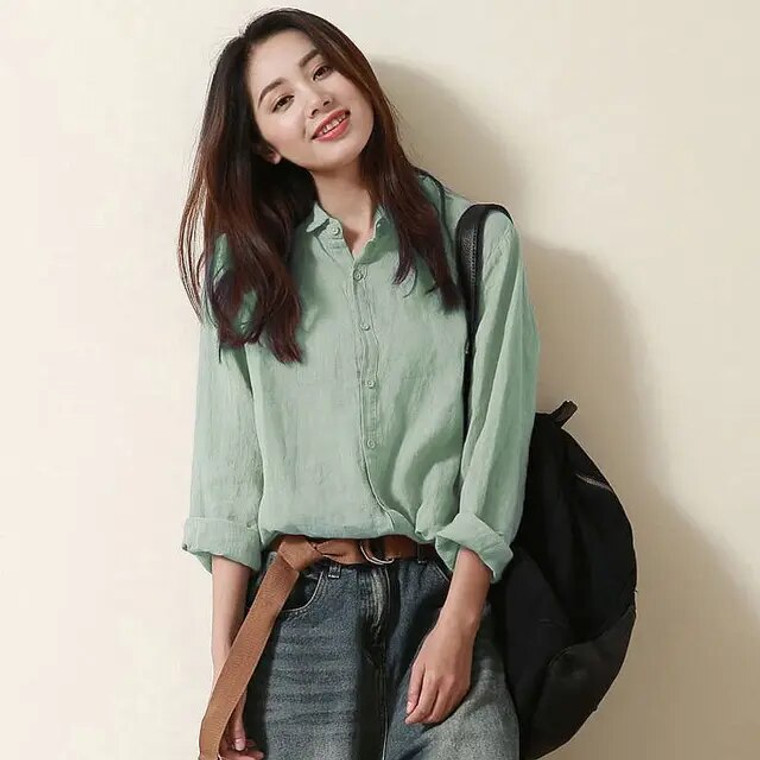 Cotton Big Shirt  Women’s Literary Harajuku Baggy Simple Chic Temperament plus size womens Camisas Fashion Classic Vintage Females All-match turn-down collar Casual Oversized Shirts for trendy Woman in green