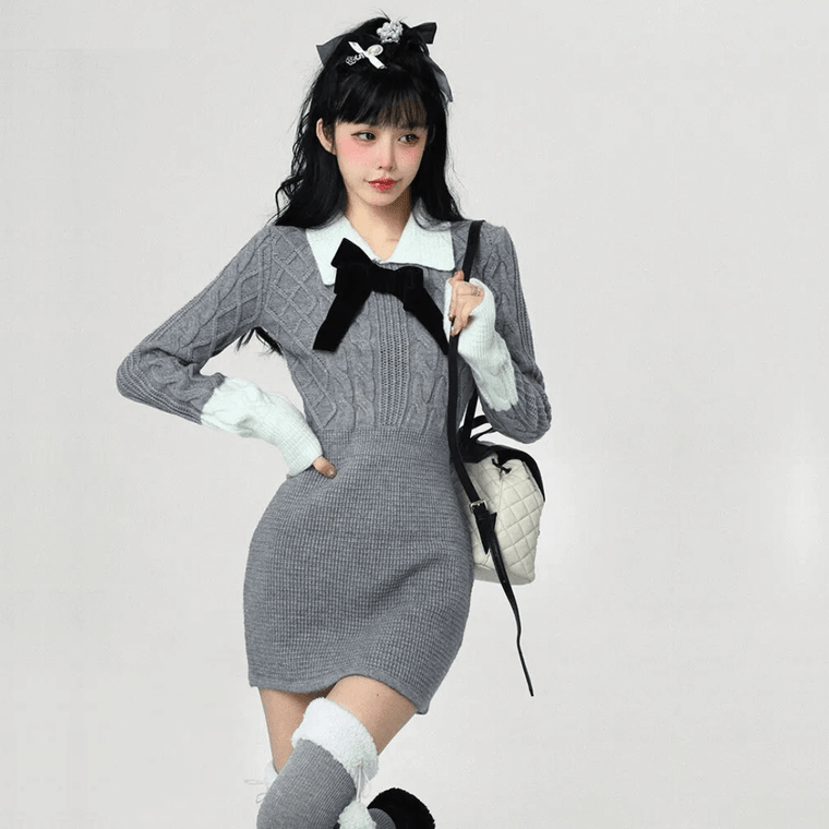 Cable-Knit Rib Midi Sweater Dress  Women’s Korean Mori Girl Autumn Tender Turn-down Collar Ins Minimalist Knitting Elegant Petite and Plus size womens grey black bow-tie Spring Popular All-match Dresses for trendy woman in Gray