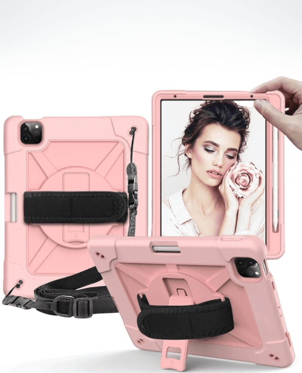 360° Rotation Shockproof Cover for iPad pink   Apple Air 4 Air 5 10.9 Silicone Case with Shoulder Strap and Kickstand 360-Degree Rotate Accessories