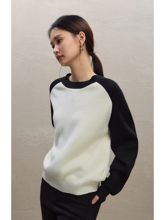 Splicing Crewneck Sweater  Women’s Vintage Casual Black White ribbed Round O-Neck womens Winter Loose fit petite size Sweaters Pullovers for trendy Woman