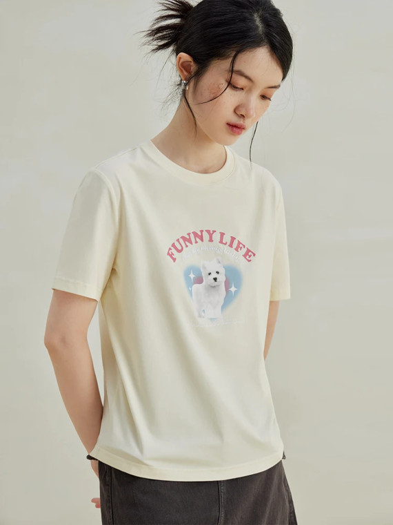 Loose Retro T-Shirt Women's Summer American Crewneck round o-neck Short Tops Womens Petite Size T-shirts FUNNY LIFE white Scotty Dog Tees for trendy y2k kawaii grunge woman in beige