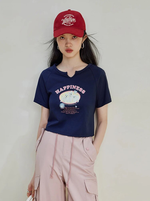 Loose Retro T-Shirt blue Women's Summer American Crewneck round o-neck Short kawaii Tops Womens Petite Size T-shirts FUNNY LIFE white Scotty Dog Tees for trendy woman in dark navy-blue