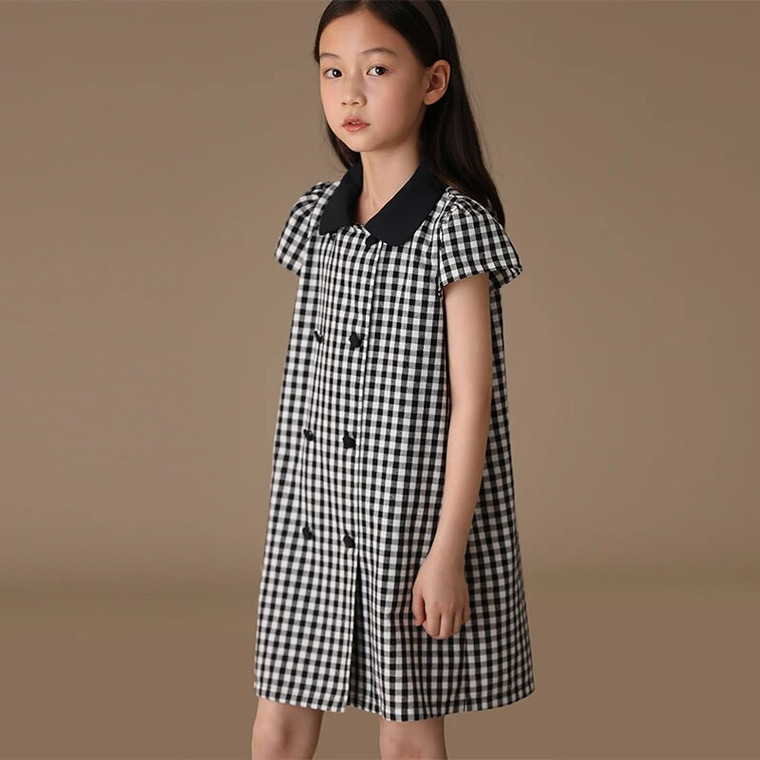 Kids Plaid Dress   Girl's Classic Black And White Summer Doll Collar Double-Breasted Vintage Elegant Trendy Princess Dresses