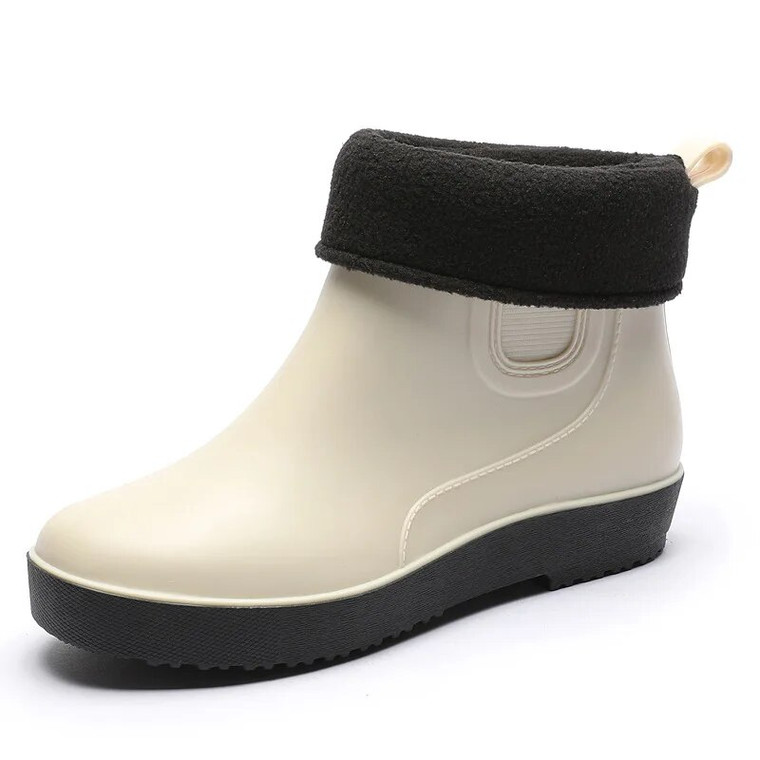 Rain Boots  Women’s Warm Outdoor Booties Fashion Winter Shoes Waterproof Working Slip-on Rubber womens Ankle-Boots for Woman in Beige