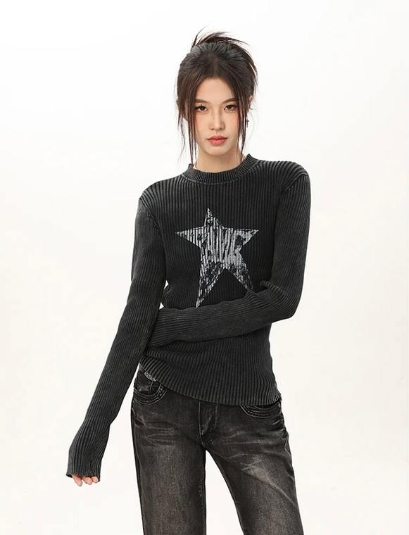 Crewneck Graphic Sweater  Women’s Gothic Black Star Womens Grunge Autumn Y2k Vintage Round O-neck Ribbed Knitted Pullovers Goth Short Jumpers Kpop Korean Fashion Plus size Sweaters for trendy Woman