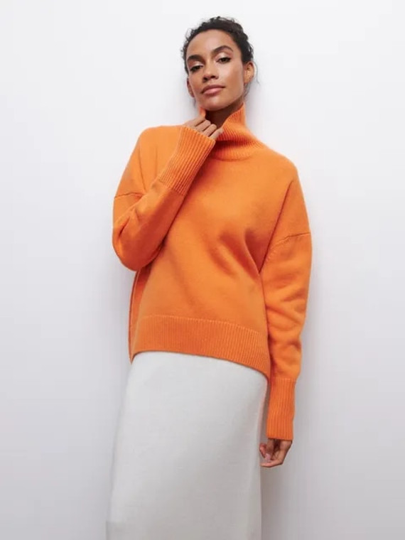 Rib Band Turtleneck Sweater orange   Women's workwear Solid Color Autumn and Winter Ribbed Thickened Warm Long-sleeved womens Pullovers Cotton Knitted Sweaters for trendy Woman