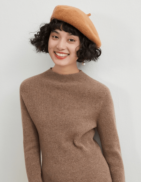 Mockneck Cashmere Rib Sweater brown   Women’s Autumn and Winter Spring 100%-Cashmere Semi-High Neck Seamless plus size womens Female Slim Pullover Long Sleeve Warm Wool-Knit Ribbed Turtleneck Sweaters Workwear Tops for trends Woman in coffee-brown