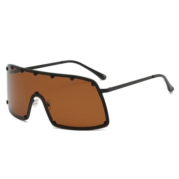 Oversized Shield Sunglasses  Anywear Unisex Womens Men’s Vintage One Piece Fashion Unique Full Rivet Sexy Womens Mens Sun Glasses Windproof Eyewear for Man Woman in black and Tea brown